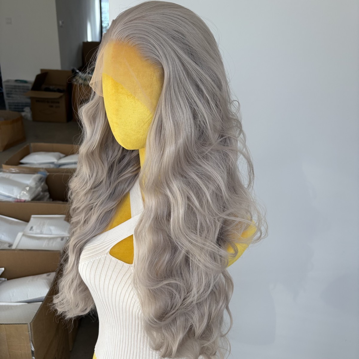 Silver gray Synthetic Hair Long Wavy Natural Frontal T Lace Wigs Soft