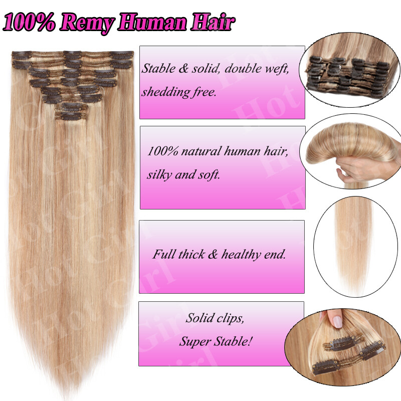 Big THICK Clip In 100% Real Remy Human Hair Extensions Full Head Double Weft US