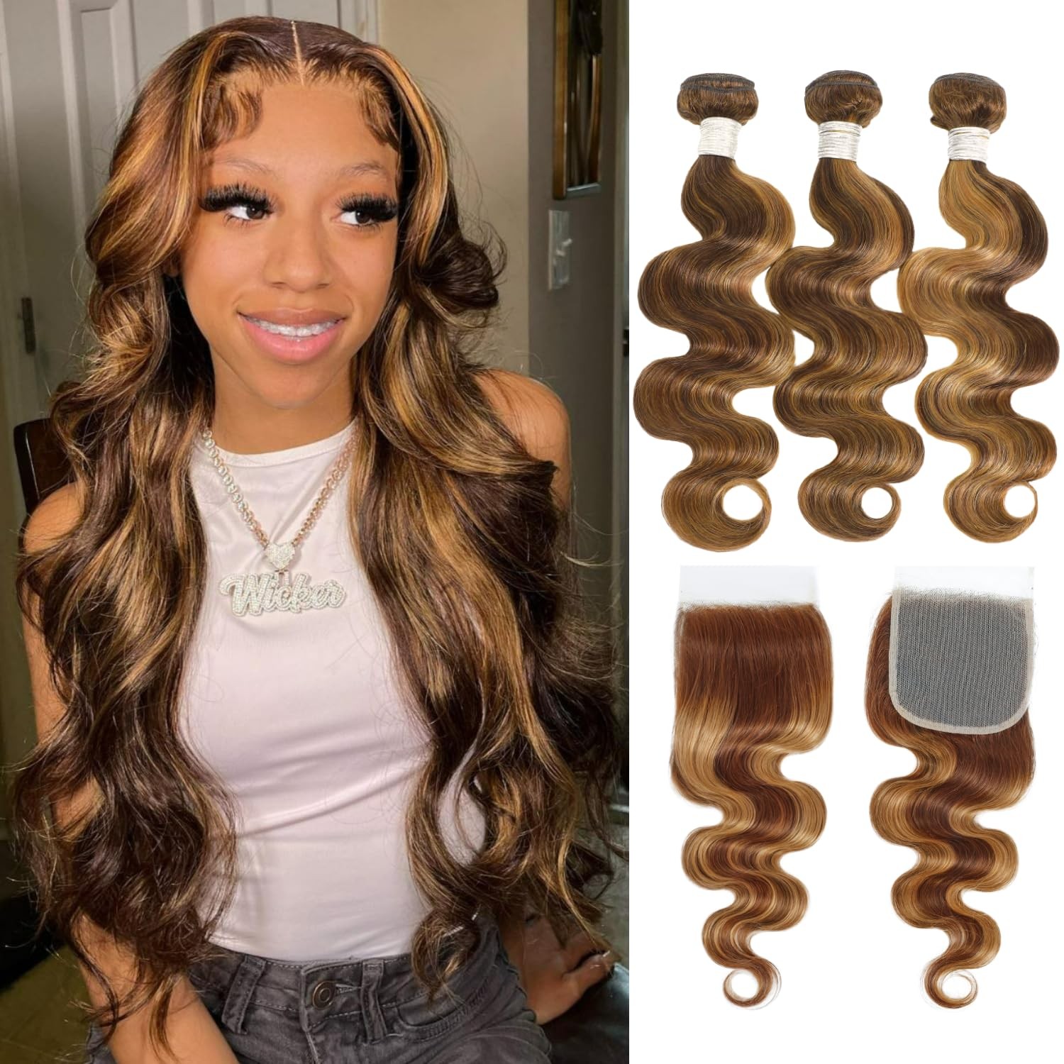 Auroo P4/27 Honey Blonde Highlight Body Wave Bundles Closure Human Hair12A
