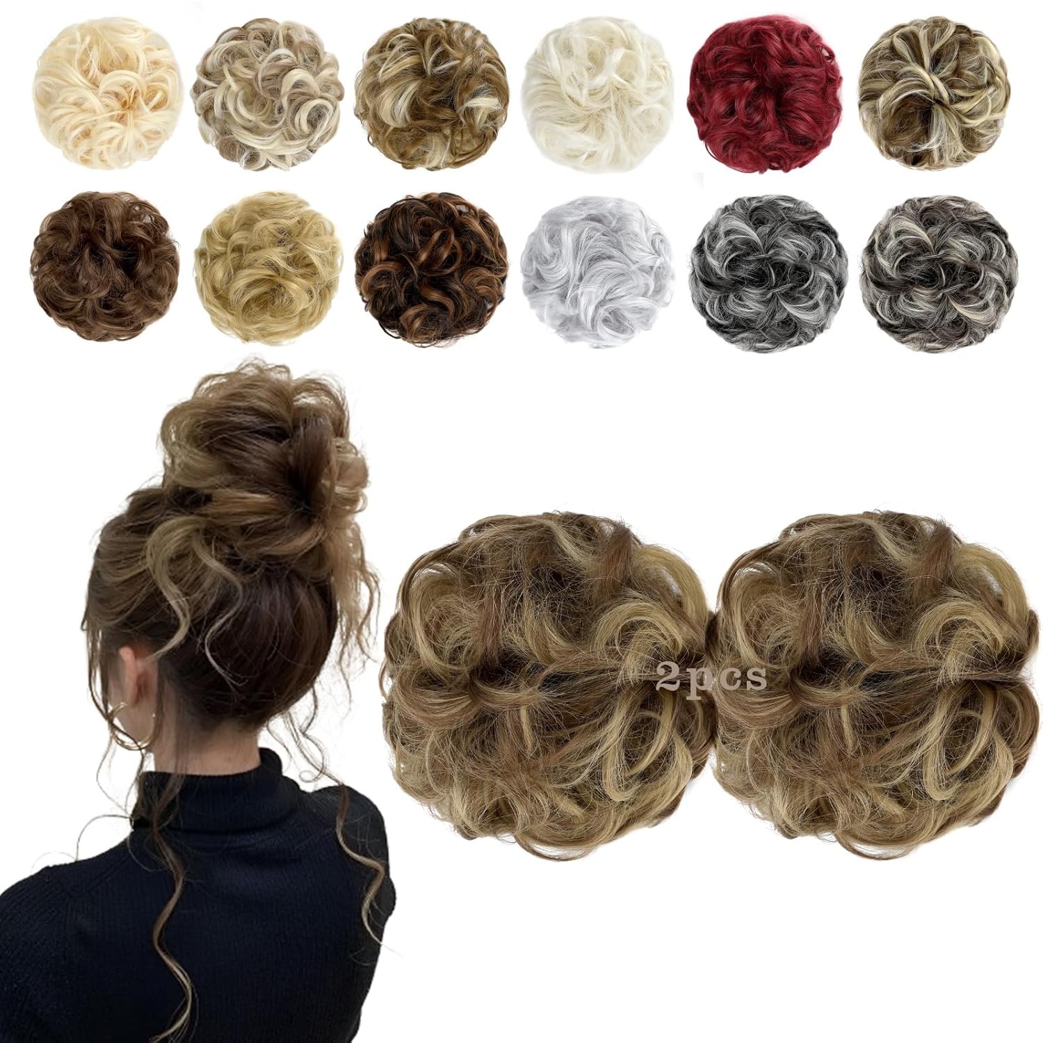 2 PCS Messy Bun Hair Piece Wavy Curly Scrunchies Light Brown Mix Ash Blonde