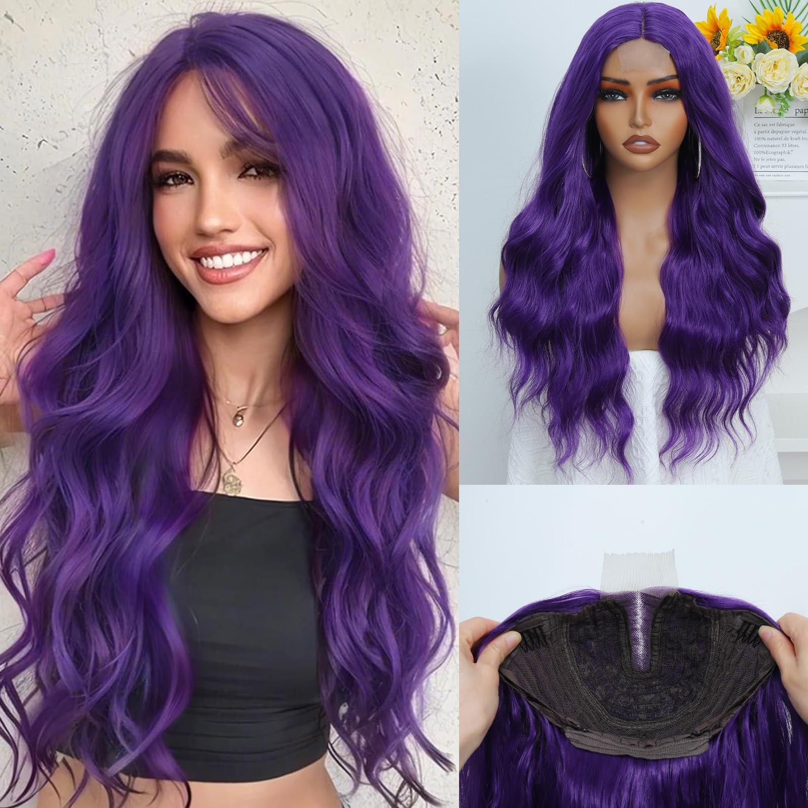 Dark Purple Wig for Women 26 Inch Long Purple Wavy Wig Middle Part Purple Hai…