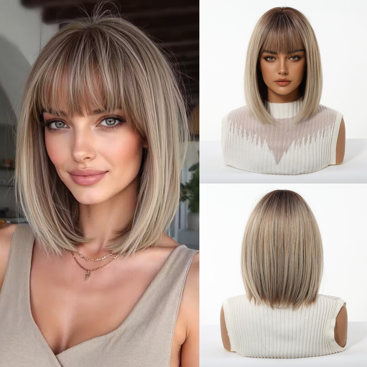 Ombre Ash Blonde Bob Wig With Bangs for Women Girls Party Daily Straight Bob Wig
