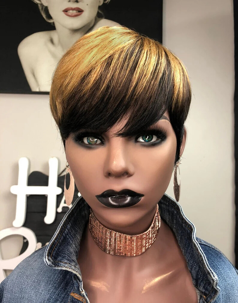 Short Straight Pixie Cut Real Human Hair Wigs Brown Blonde Mixed None Lace Wigs
