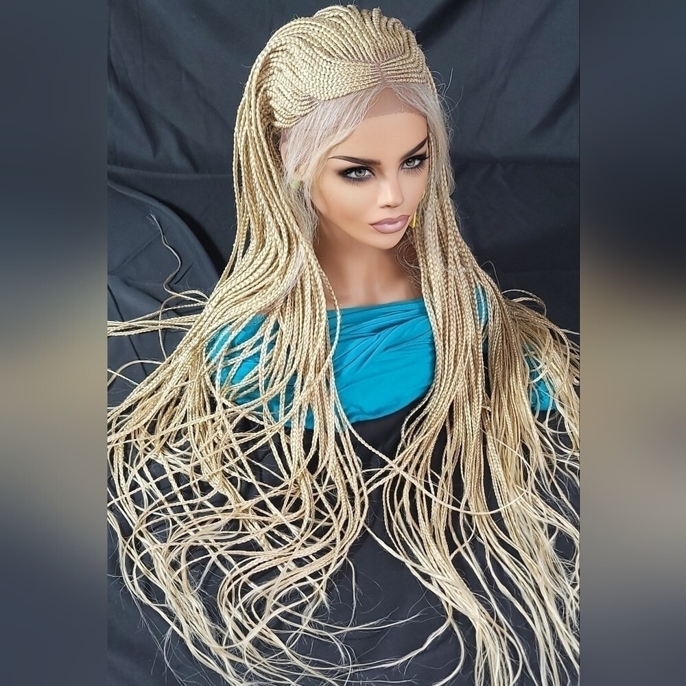 Braided Wig Full Lace 32″ Blonde Ombre Micro Braids Glueless Handmade NWT Long