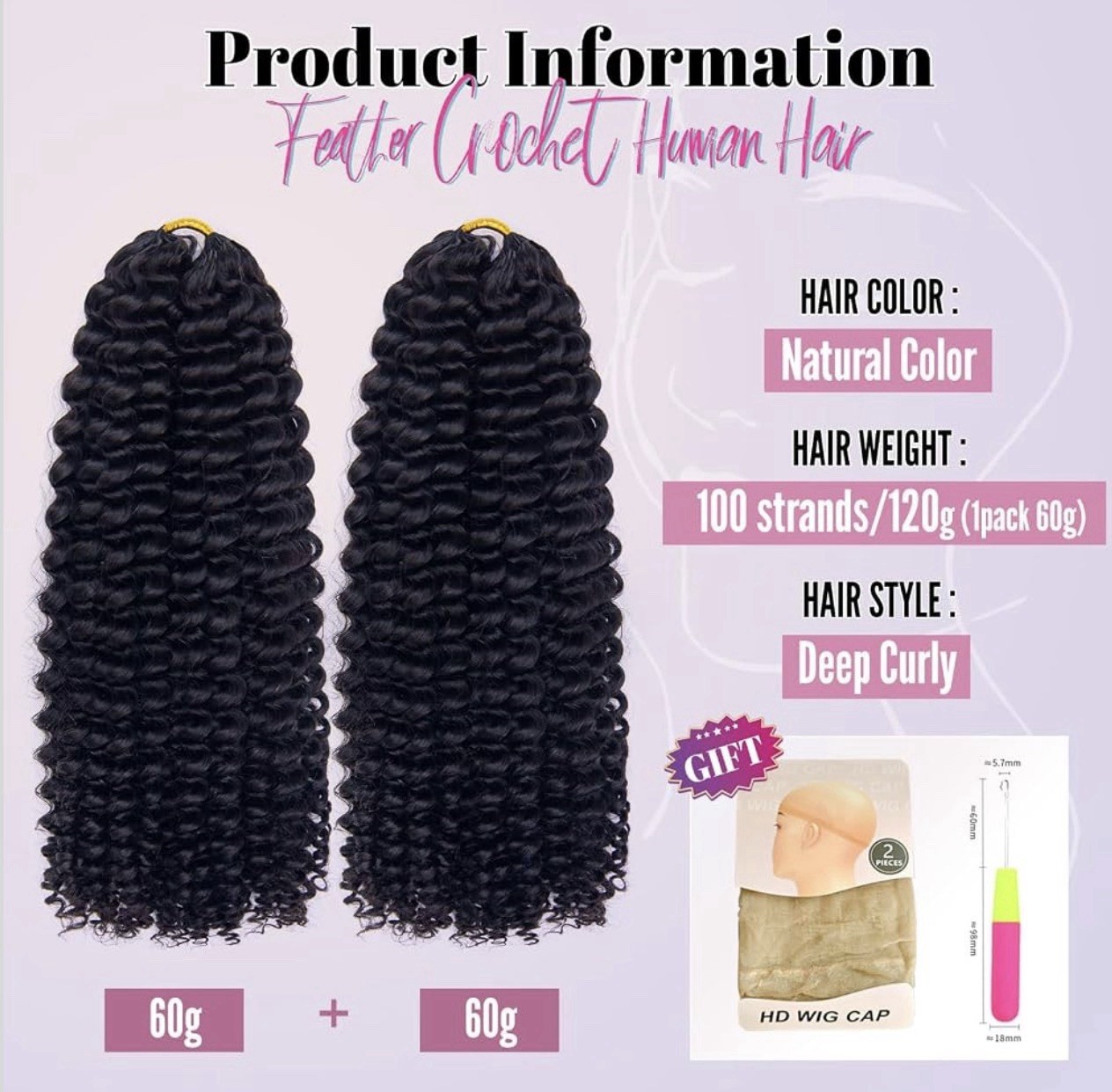 16″ Deep Curly Feather Crochet Hair Extensions with 2pcs Cap and hook Tool