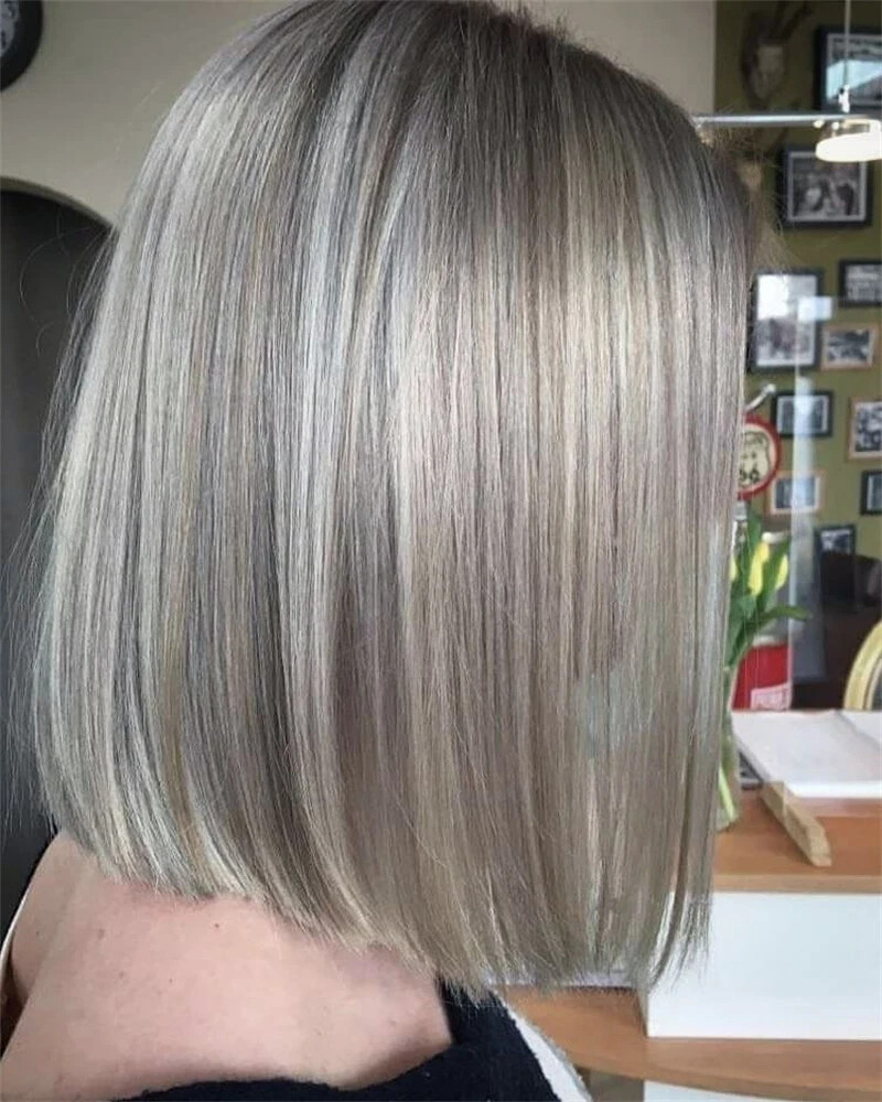 Silver Ash Blonde Gray Highlight Bob Wigs with Bangs 100% Human Hair Lace Front