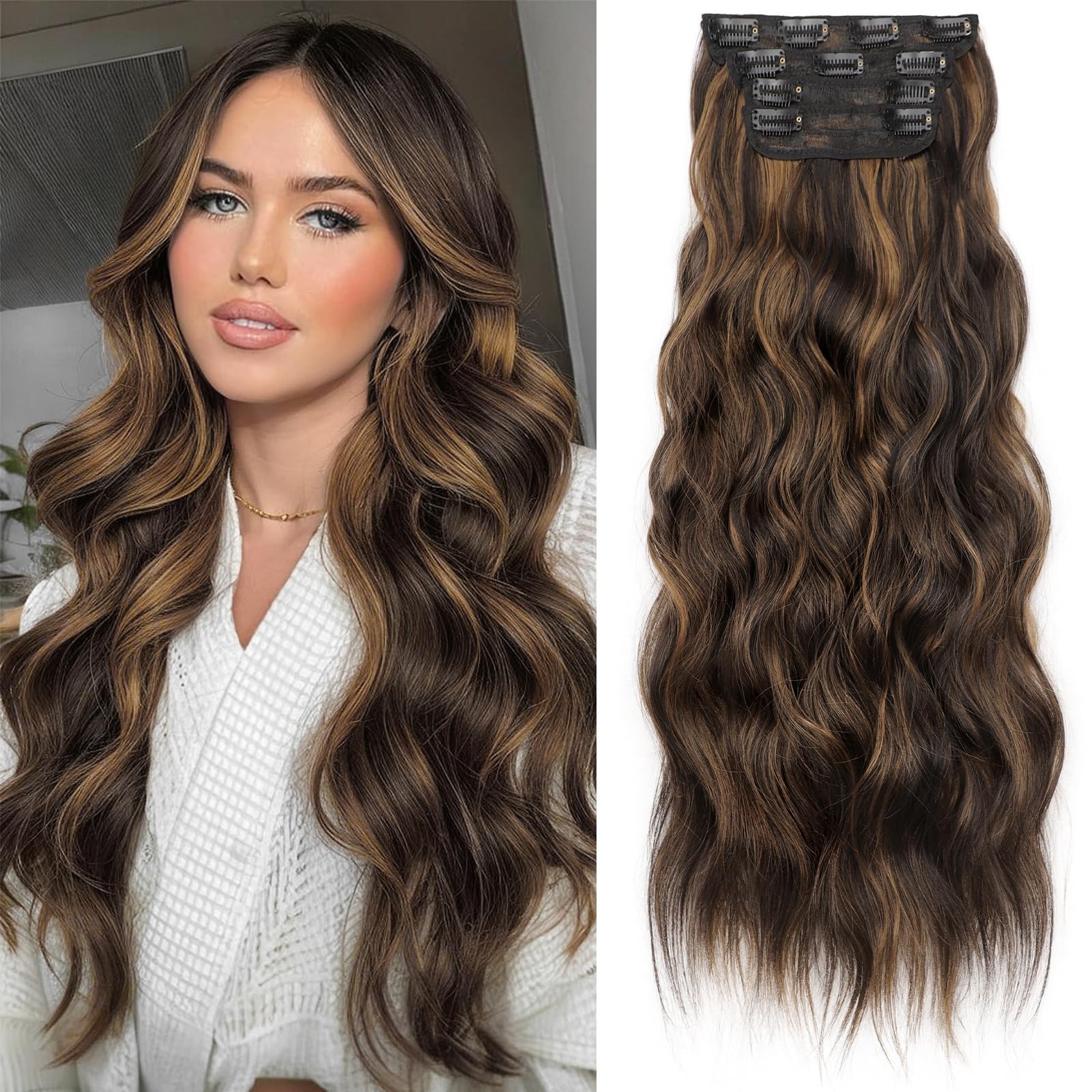 KooKaStyle Clip in Hair Extensions Long Wavy 4PCS Thick Hairpieces Synthetic Hig