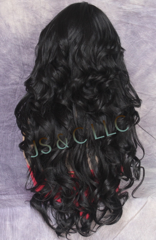 Long Off Black Human hair Blend Full Wig Goregeous wavy Heat OK WBVA 1B