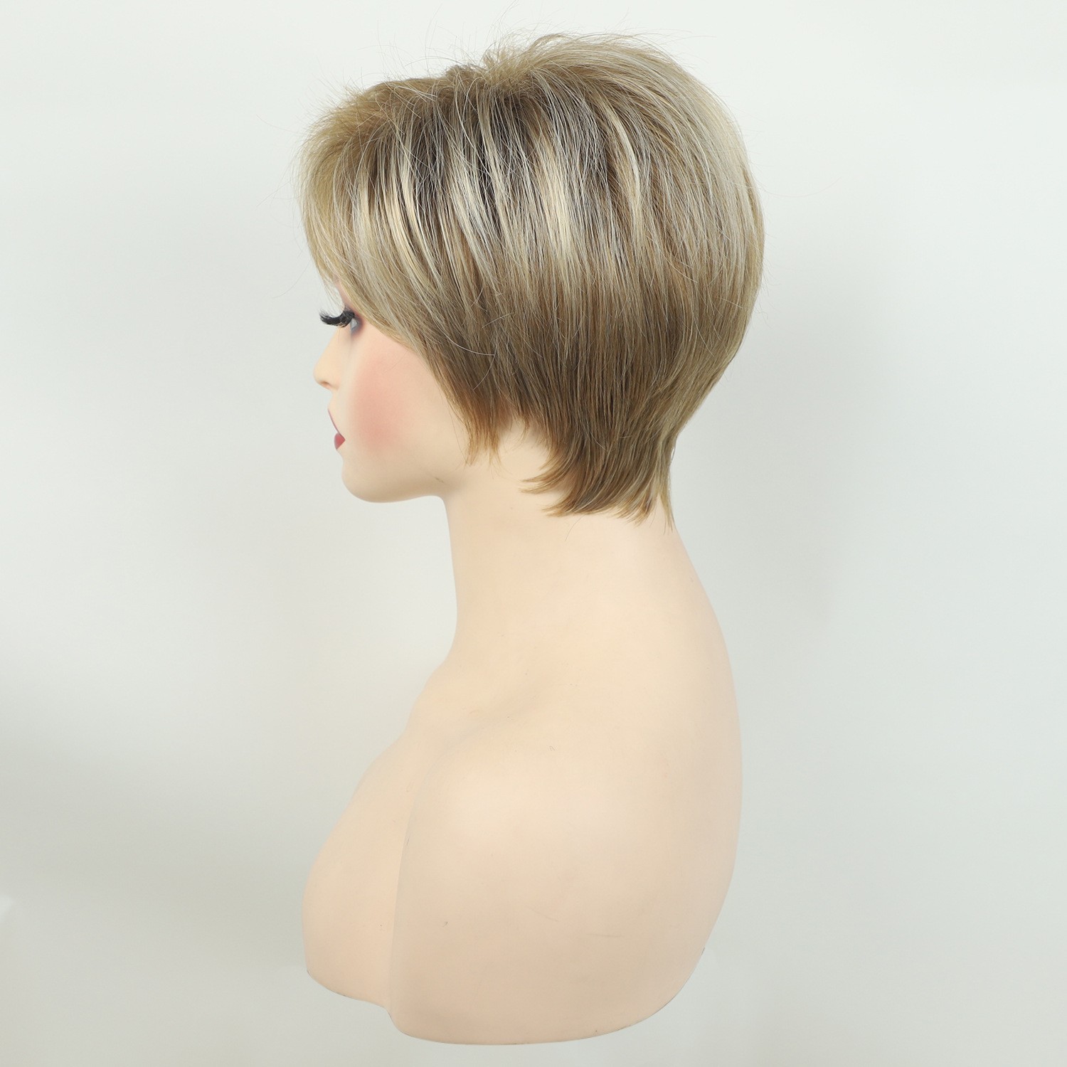 Women’s Short Layered Blonde Mix Synthetic Wig with Bangs for Daily Wear