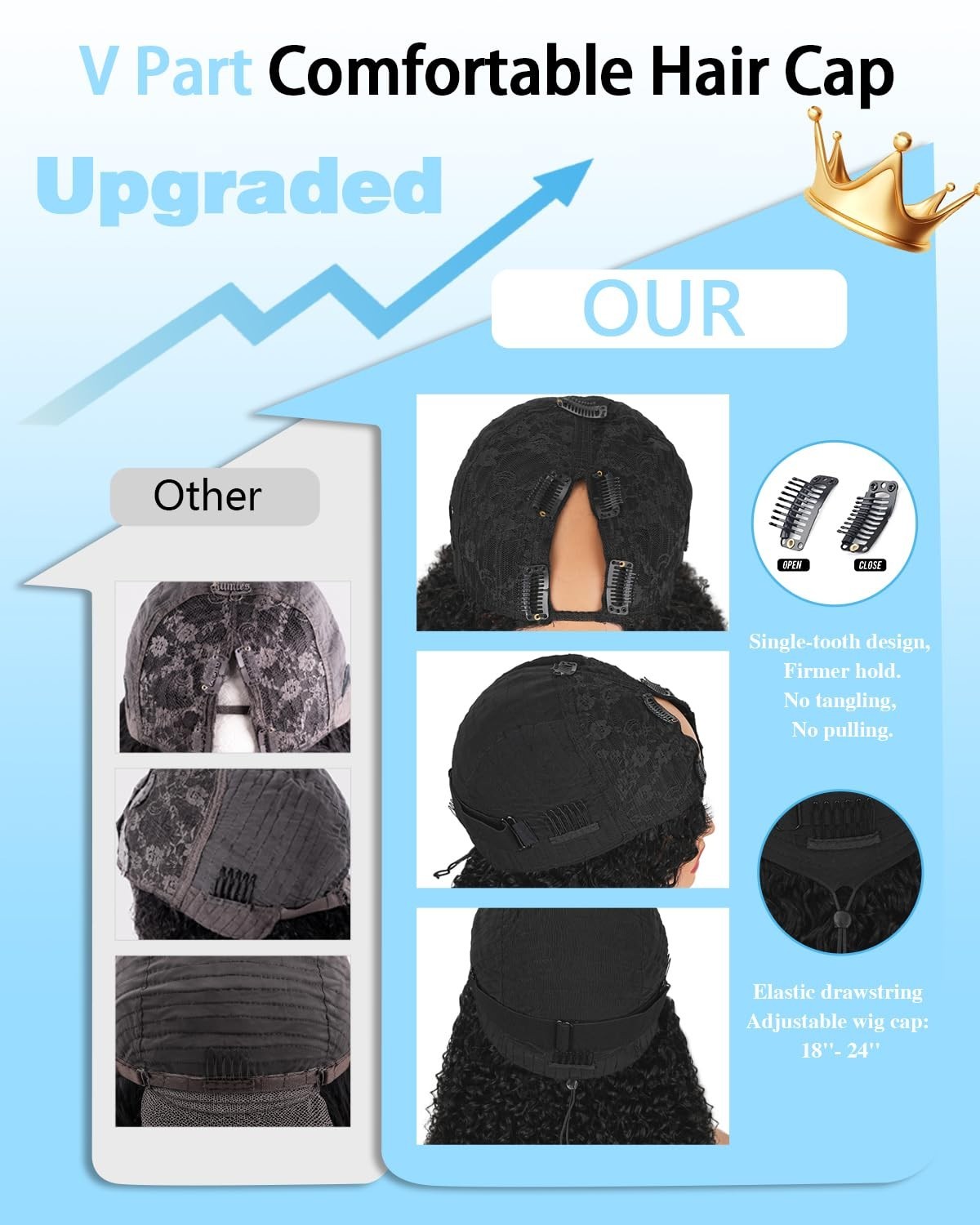 Curly V Part Wig 200% Density Human Hair, Glueless Clip-In Half Wig 16″ for Blac