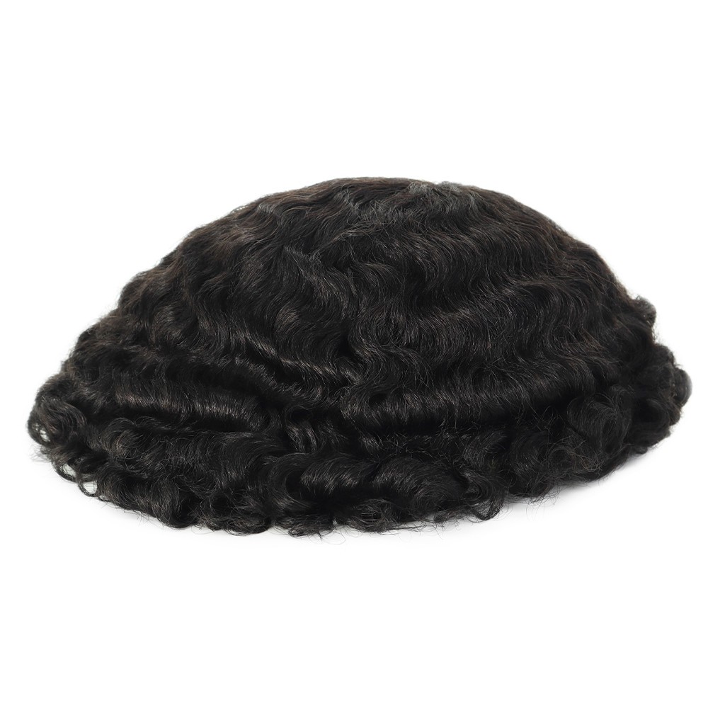 Toupee for Men Human Hair Afro Curl 12mm French Lace Black Hair System Pieces 1B