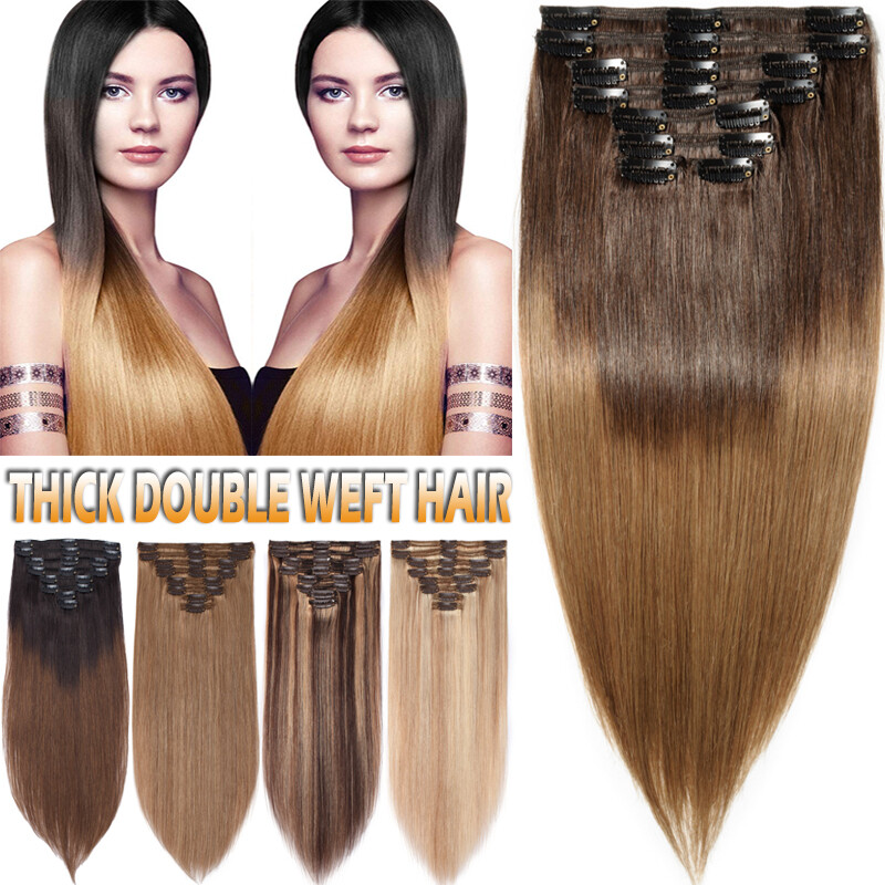 Double Weft Thick Clip In Full Head Remy Real Soft Human Hair Extensions Ombre