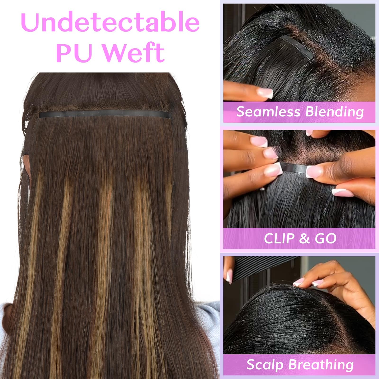 Seamless Clip In Hair Extensions Human Hair 4/27/4 Balayage Chocolate Brown t…
