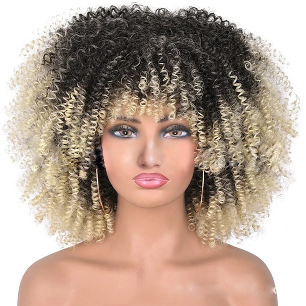 1 Set Hair Afro Kinky Curly Wigs With Bangs Synthetic Blonde Wig Color For Women