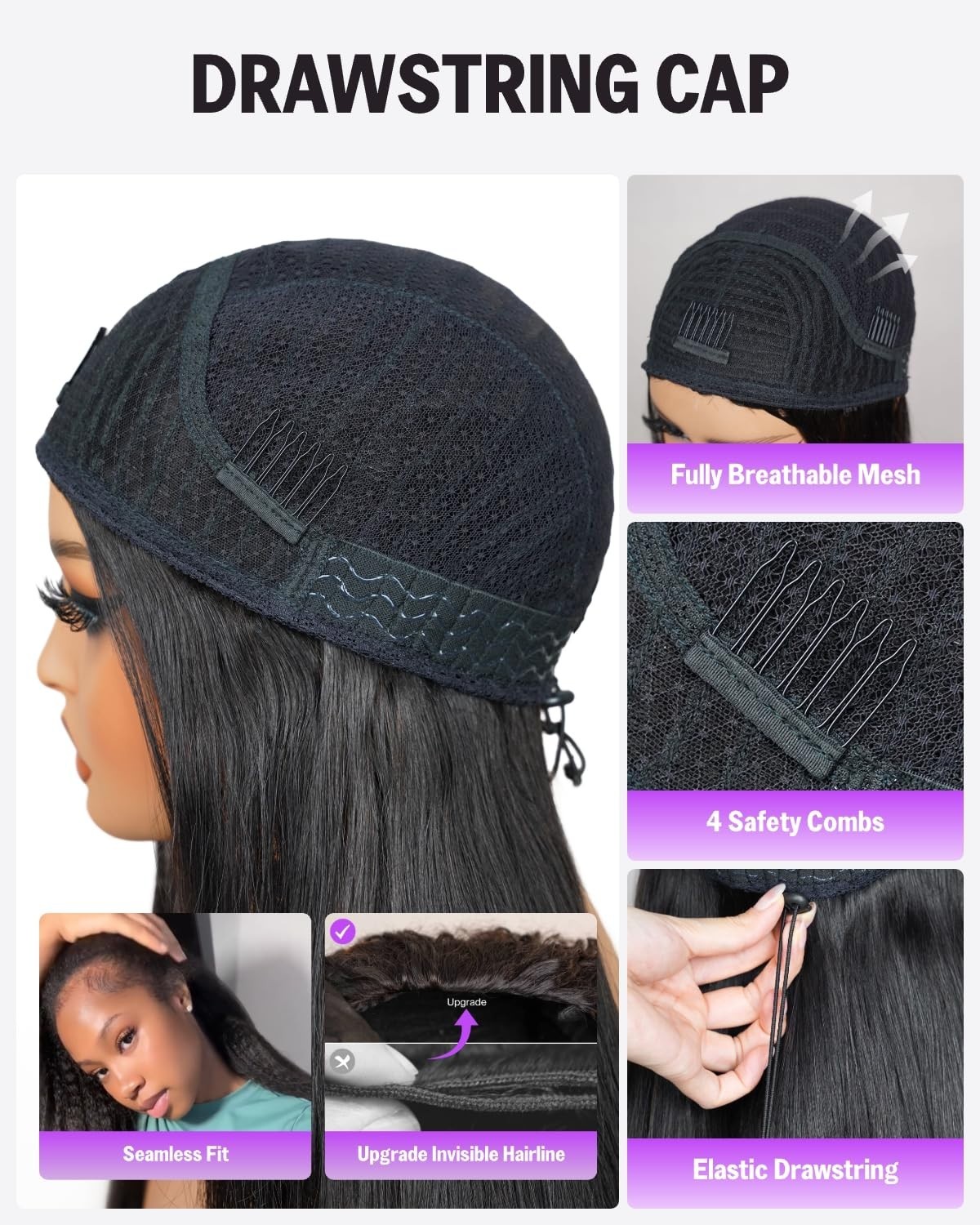 20-Inch Straight Headband Wig Human Hair Drawstring Ponytail Half Wig – No Lace,