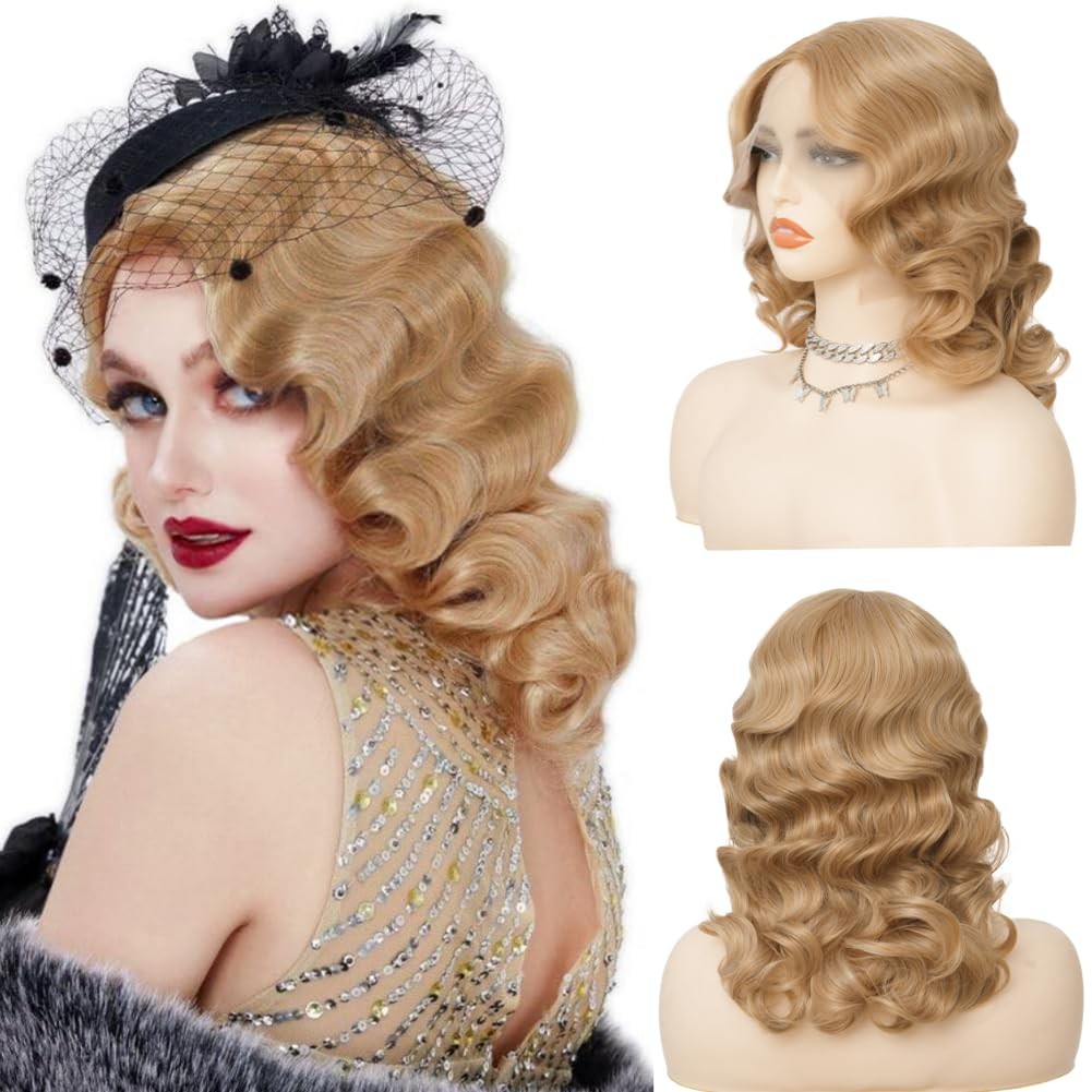 Salaibs Blonde 1920S Finger Wave Lace Front Wig Curly Wig Vintage Wigs For