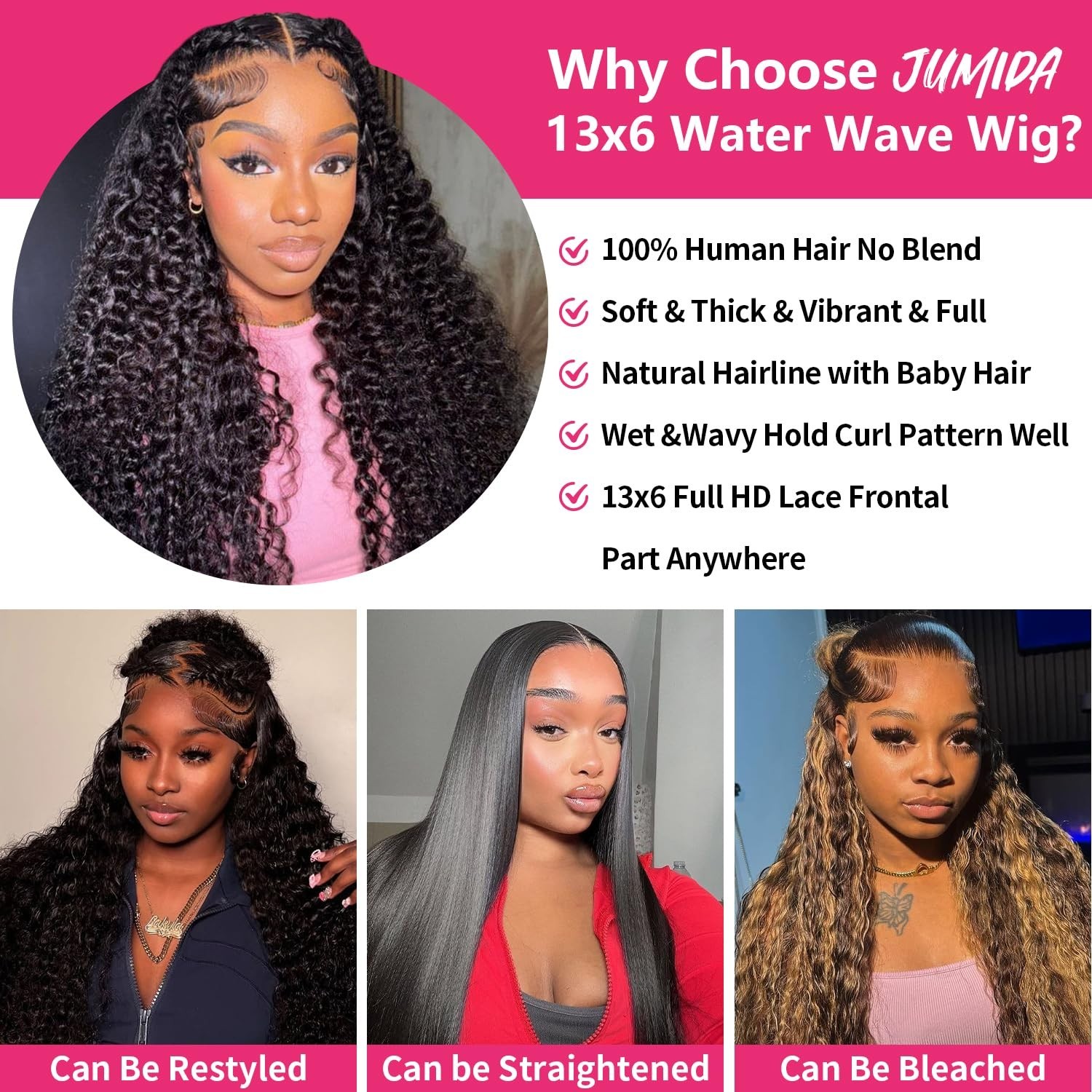 30″ 13×6 Lace Front Human Hair Wig – Water Wave, 200 Density, Pre-Plucked, Gluel