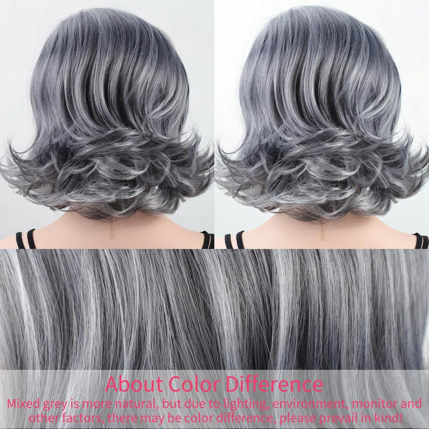 Mid-length Grey Wavy Bob Wigs for Women Short Gray Curly Synthetic Wig