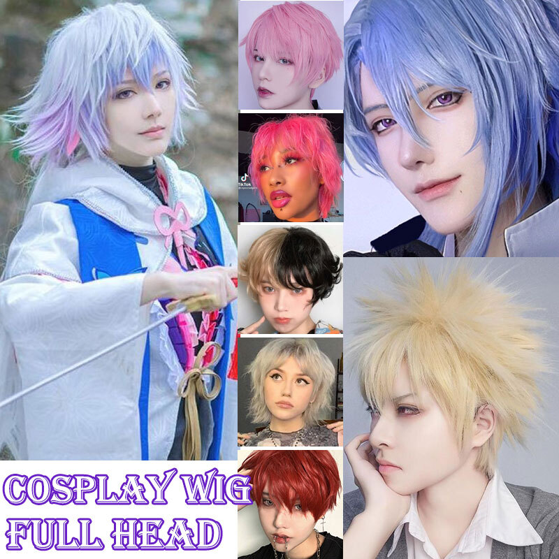 Mens Full Head Wigs Short Anime Cosplay Christmas Party Layered For Women Unisex