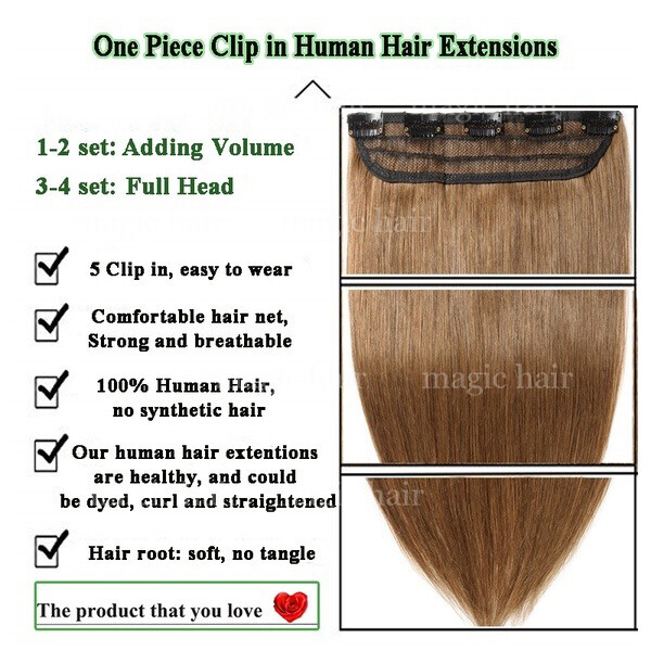 THICK One Piece Clip in Remy Human Hair Extensions 3/4Full Head Any Colors Ombre
