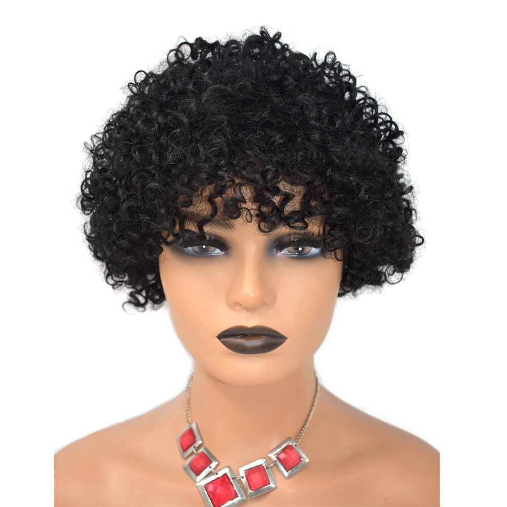Afro Kinky Curly Short Soft Human Hair Women Wig with Bangs Natural Brazilian US
