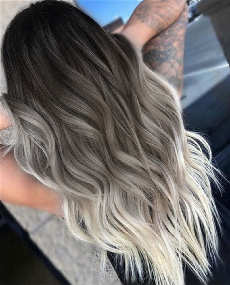 Women’s Ash Gray Silver Ombre Lace Long Wavy Curly Blonde Synthetic Wigs Hair US