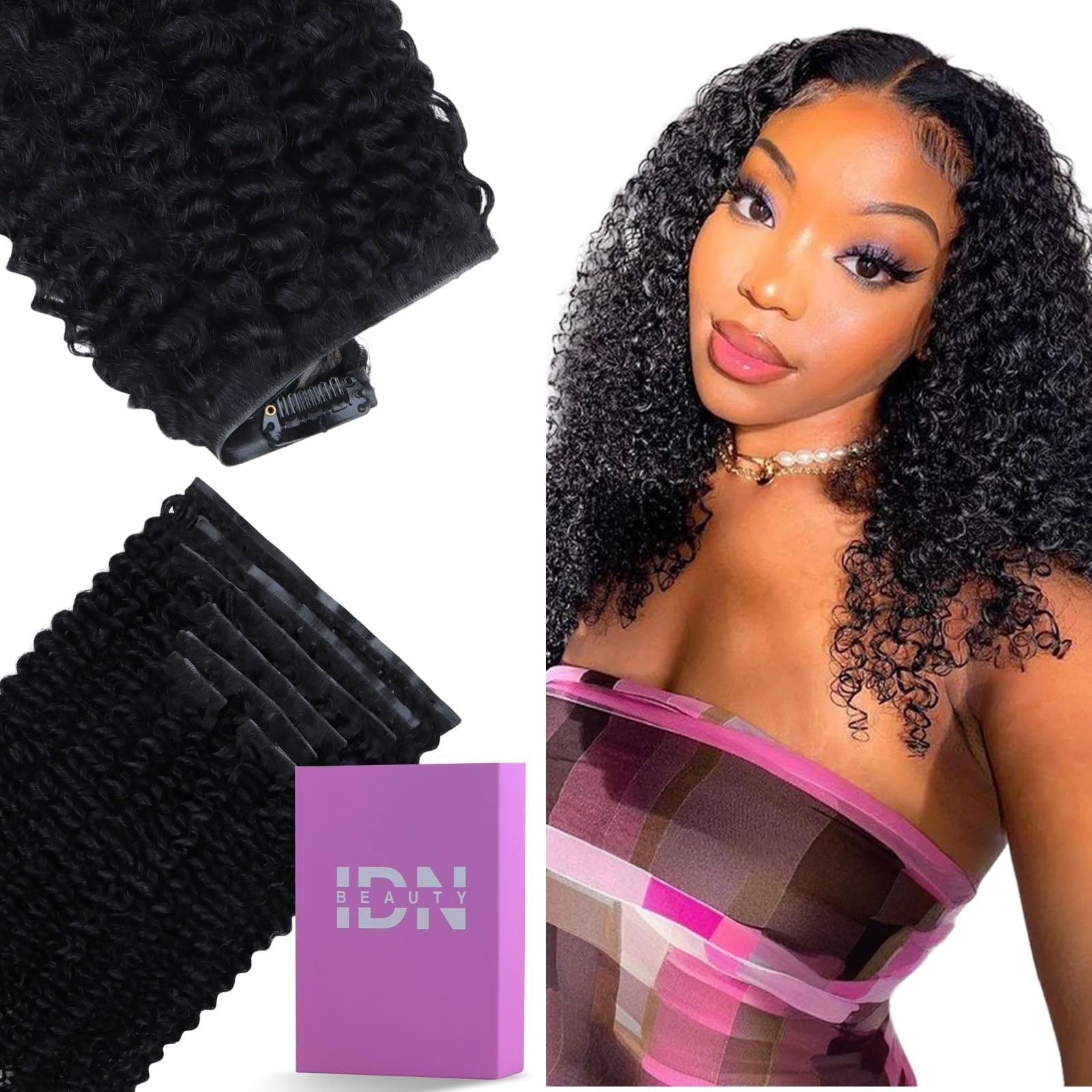 Invisible Edge Seamless Clip-in Hair Extensions, 14″ Kinky Curly, 110g, 7pcs for
