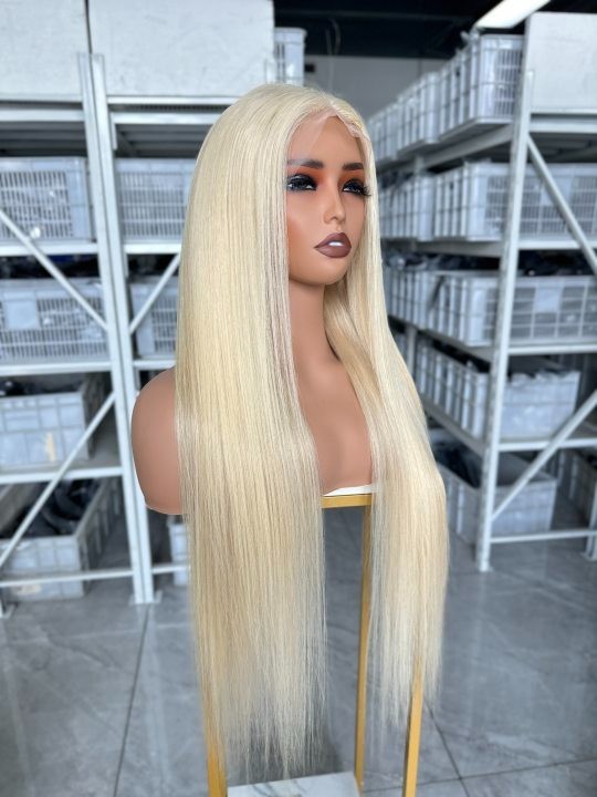 28inch 613#Blonde Silk Straight 100% Human Hair 13×4 Transparent Lace Front Wig