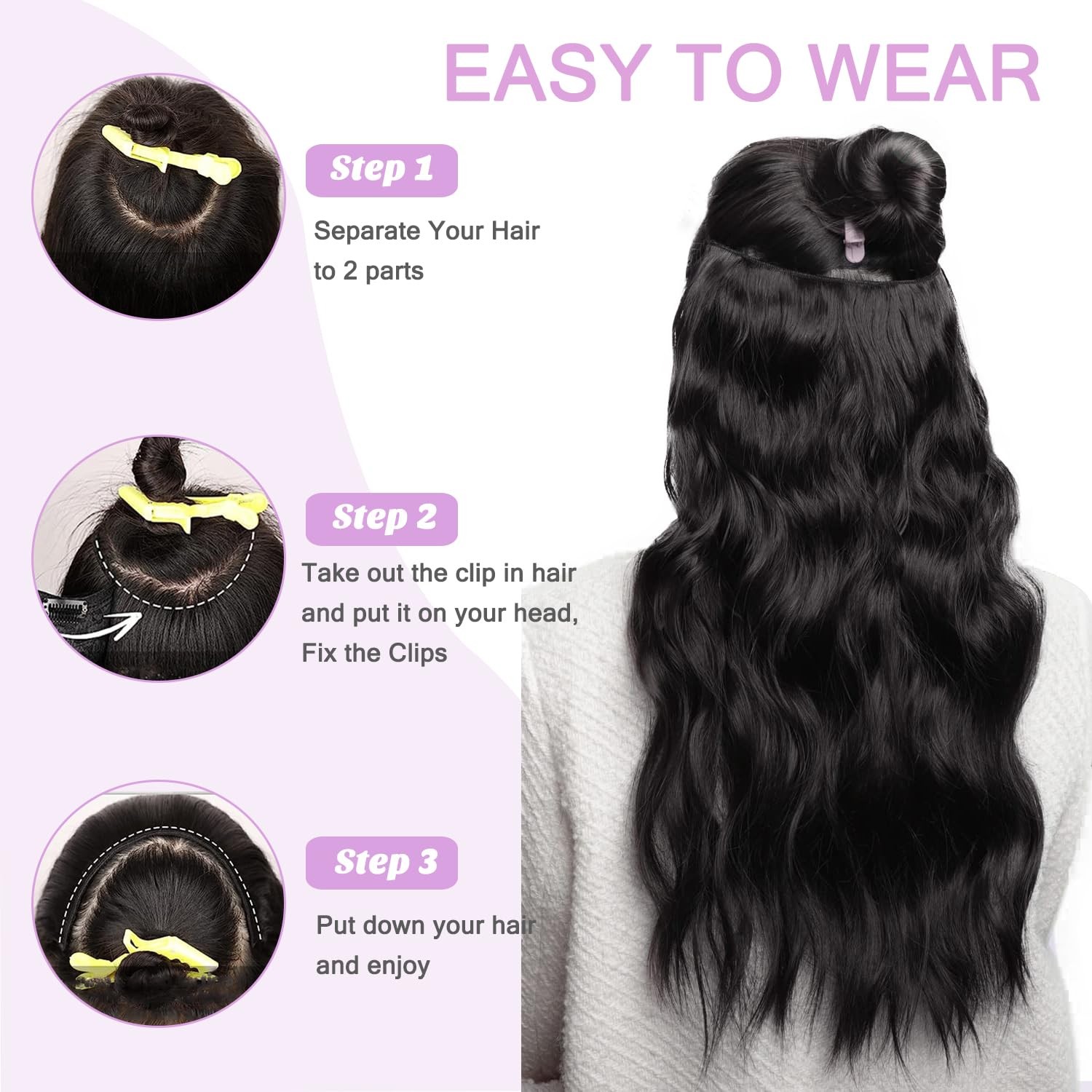 Jet Black Human Hair Extensions – 3/4 Full Head Body Wave Double Weft 14 Inch…