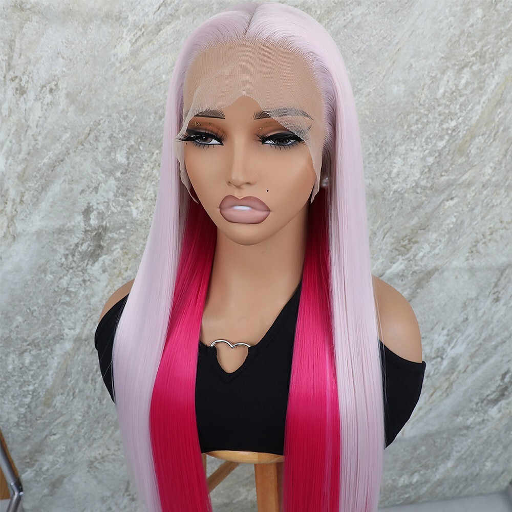 Heat Resistant Fiber Hair Long Lace Front Wigs Glueless Ombre Hot Pink Synthetic