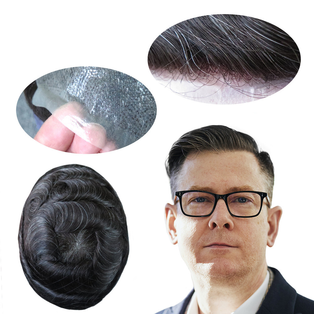 Mens Toupee Hair Replacement System Hairpiece 0.05 Thin Skin BIO Human Hair#1B10