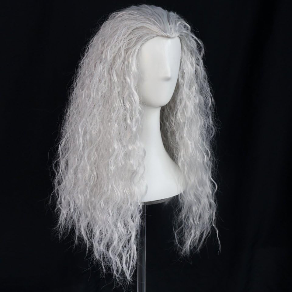 Hair Cap+ Long Grey Curly Wig Women Witch Wig Silver Outfit for Anime Cosplay…