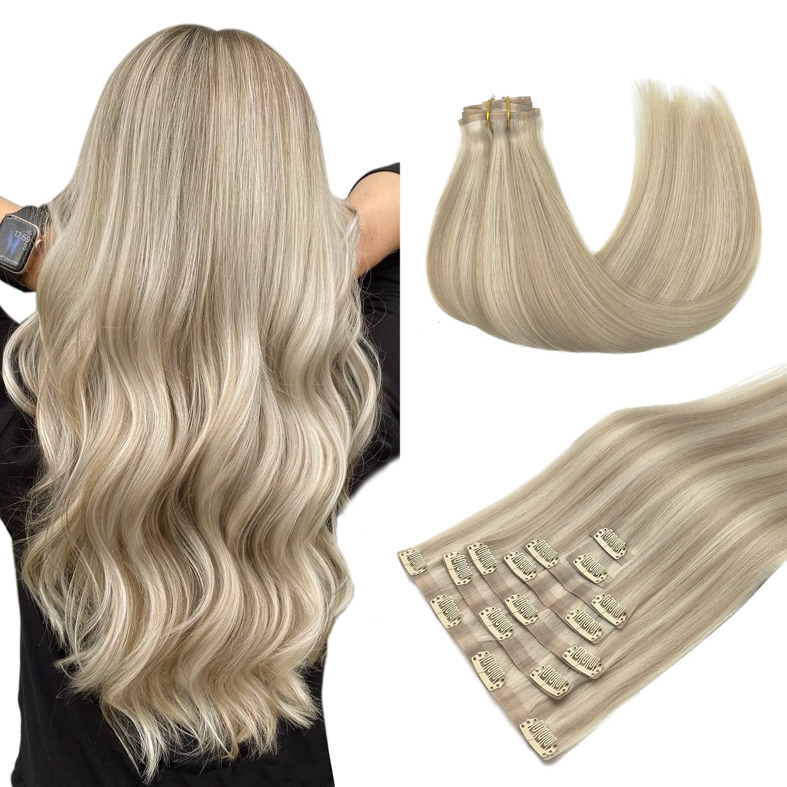 Maxita Seamless Clip In Hair Extensions Human Hair 7Pcs 110G 14 Inch Ash Blonde