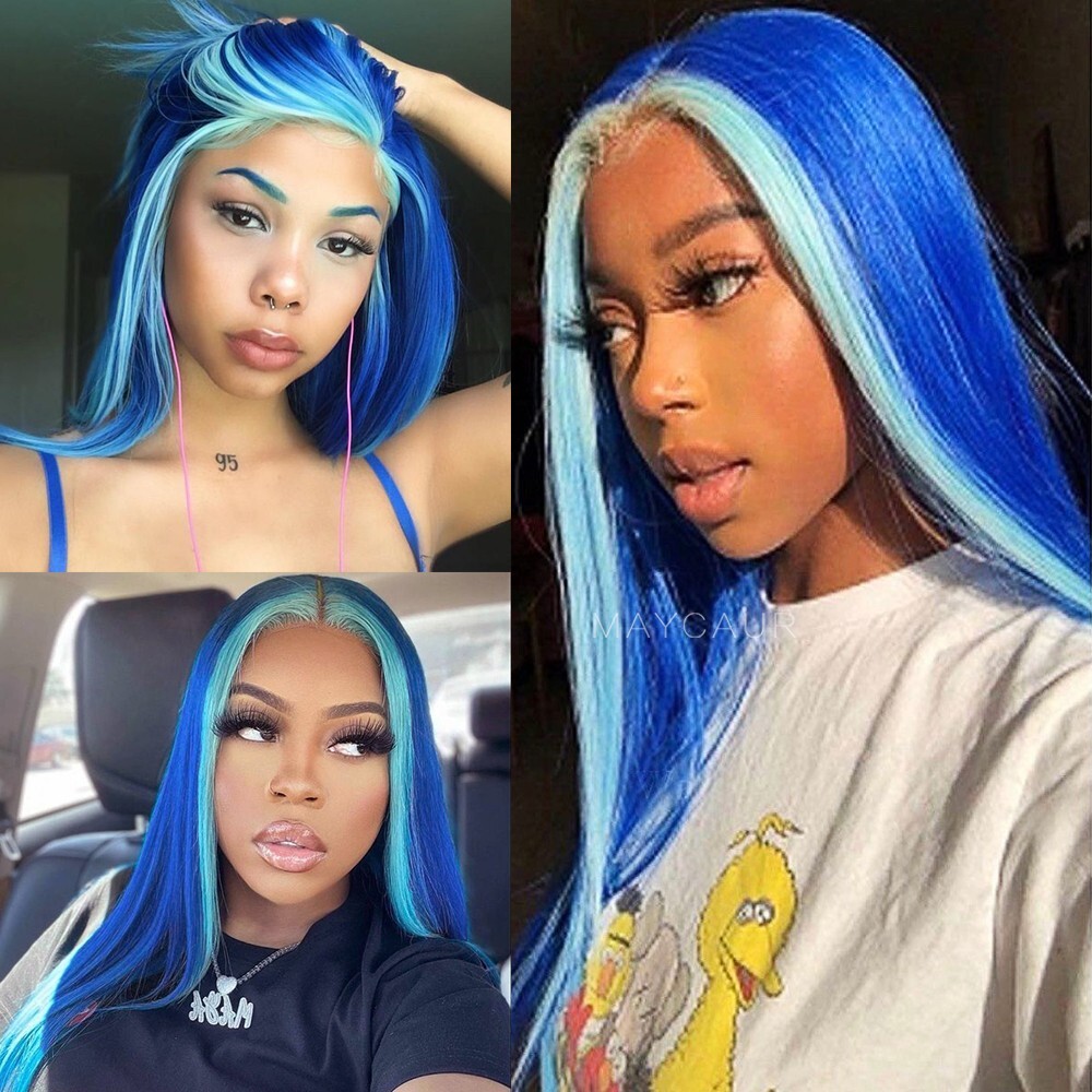Skunk Stripe Long Straight Hair Blue Synthetic Lace Front Wigs 13×4 Women Party