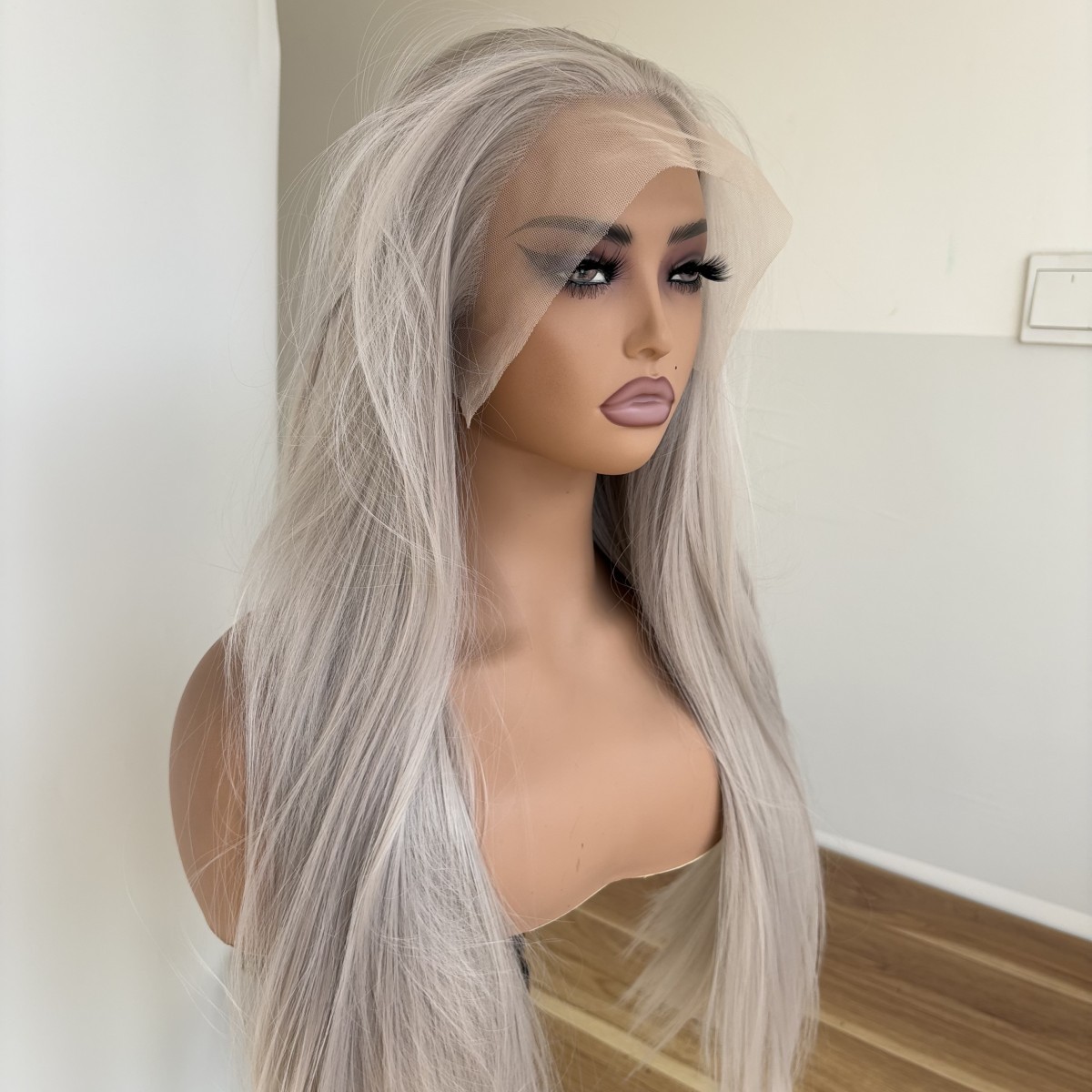 Long Straight Frontal Lace Wig Heat Resistant Hair Silver Pre Plucked