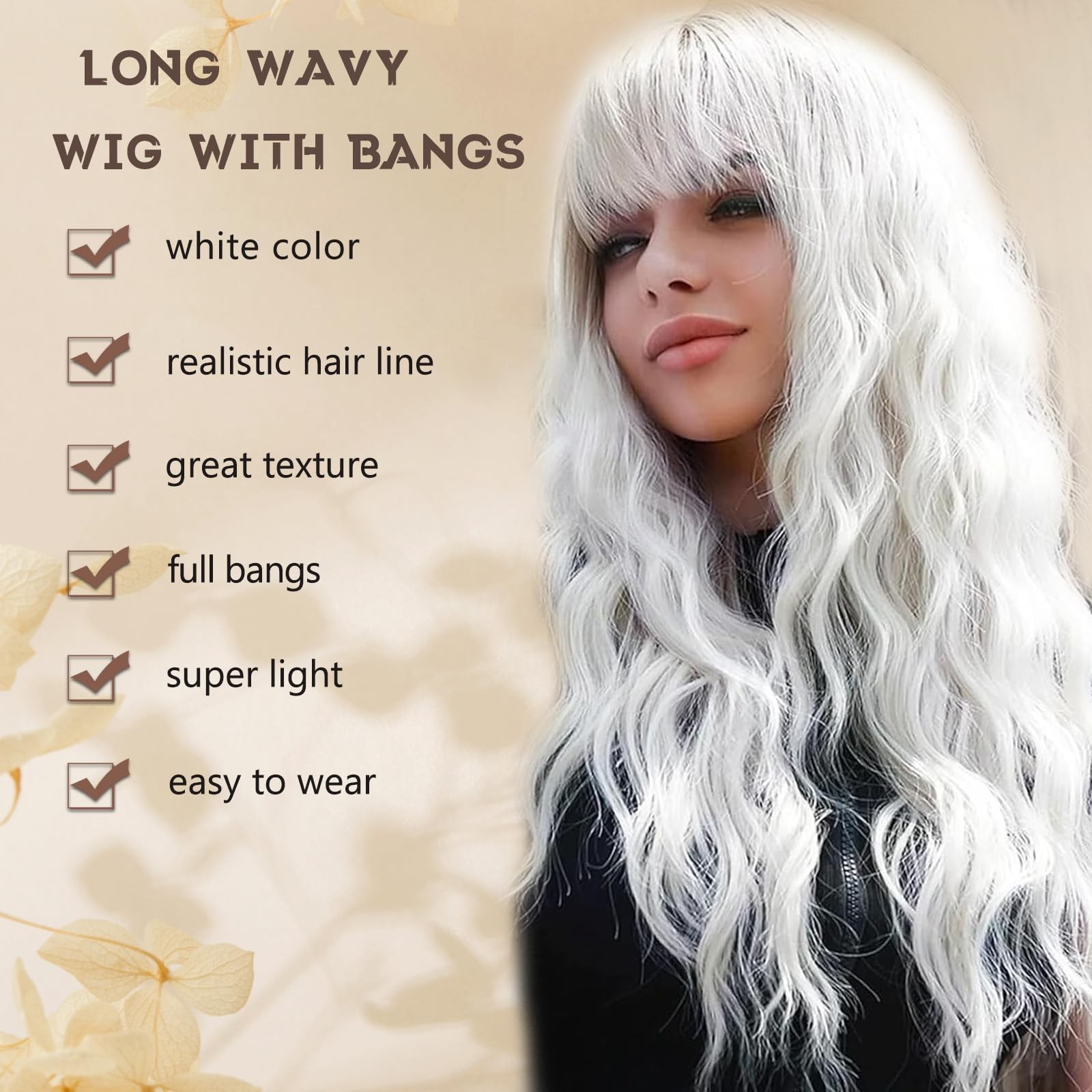 White Wig with Bangs for Women Long White Wavy Wigs 26 Inch Natural Looking H…