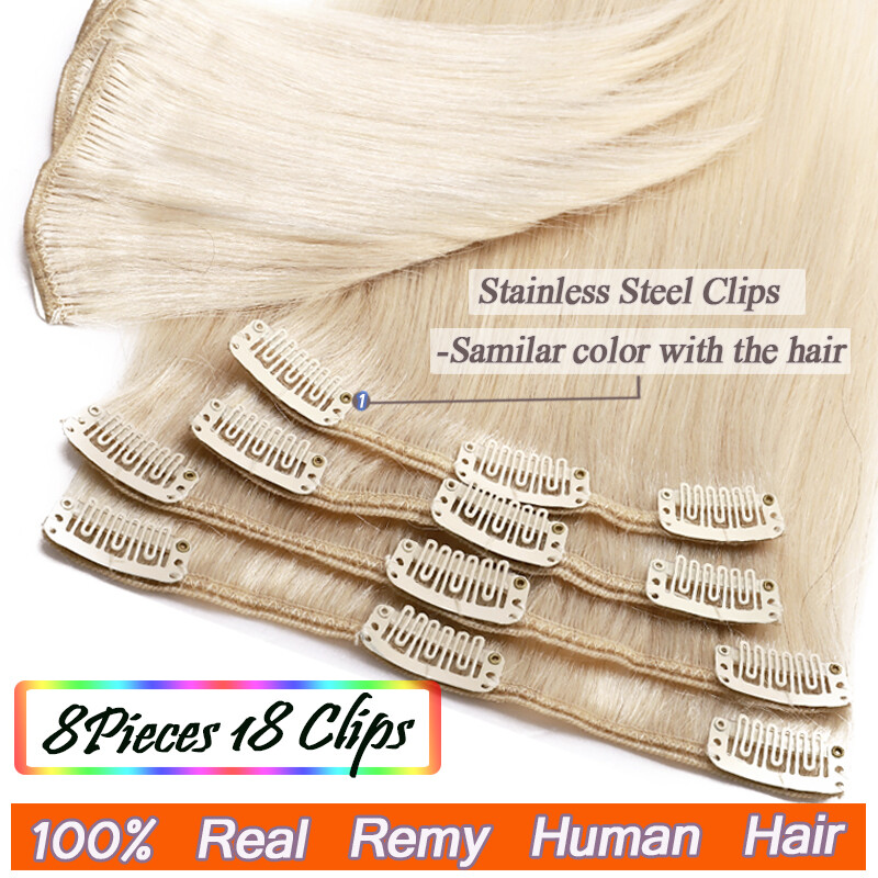 8PCS 18CLIP Clip In Real Human Remy Hair Extension Full Head Remi Highlight Hair