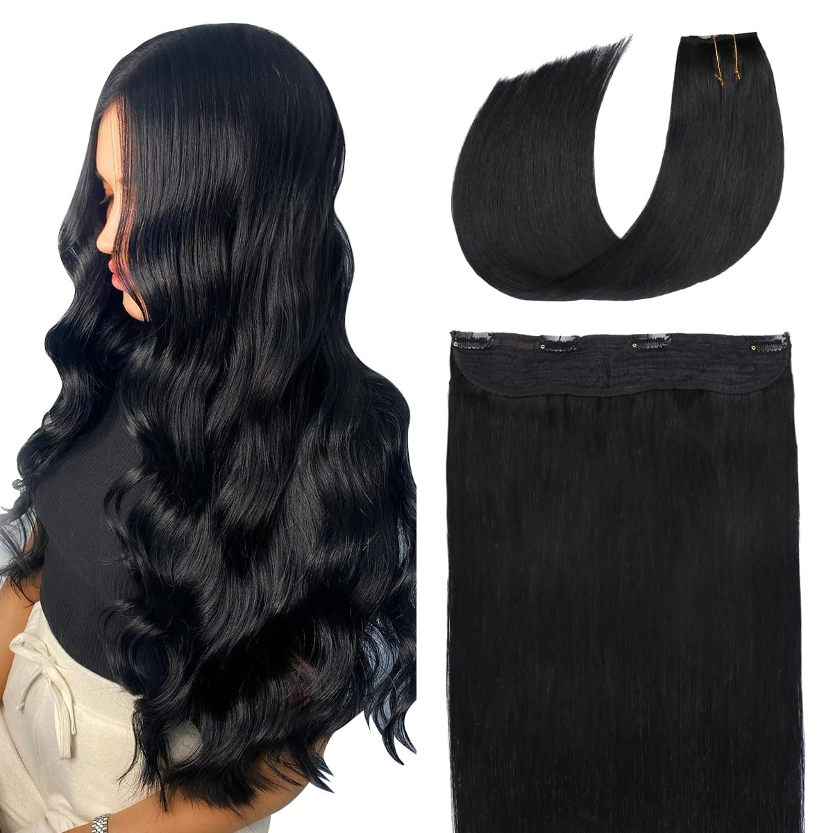 Surnel Wire Hair Extensions Human Hair Jet Black Invisible Fish Line Hair