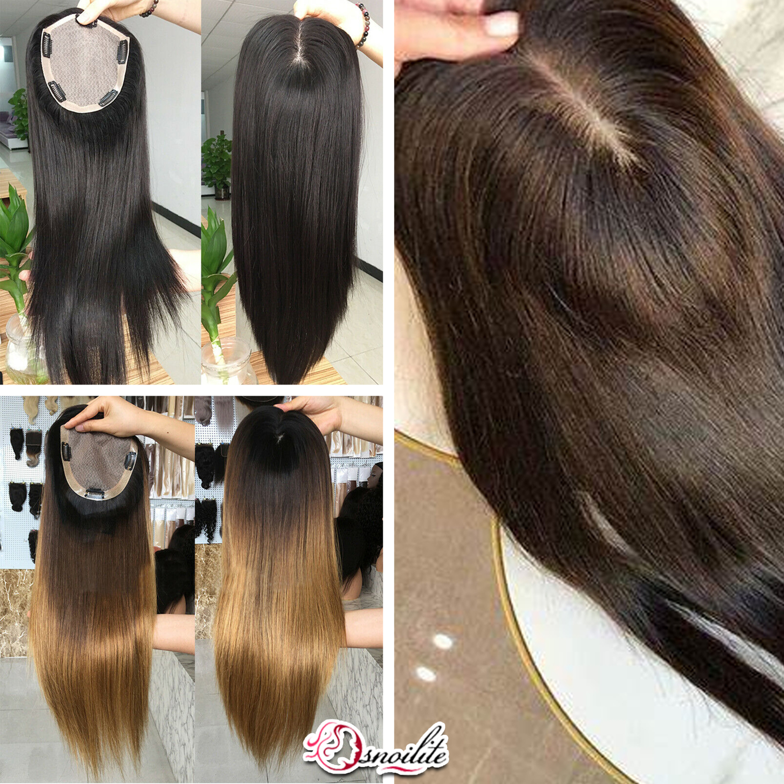 100% Real Remy Human Hair Women Topper Toupee Hair Piece Clip In Mono Silk Based