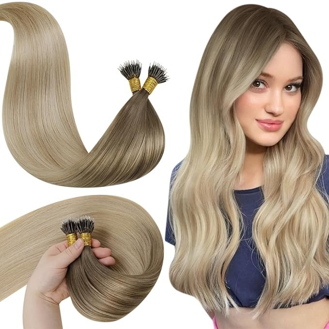 Nano Bead Hair Extensions Ombre Light Brown to Ash Blonde Real Human Hair 18