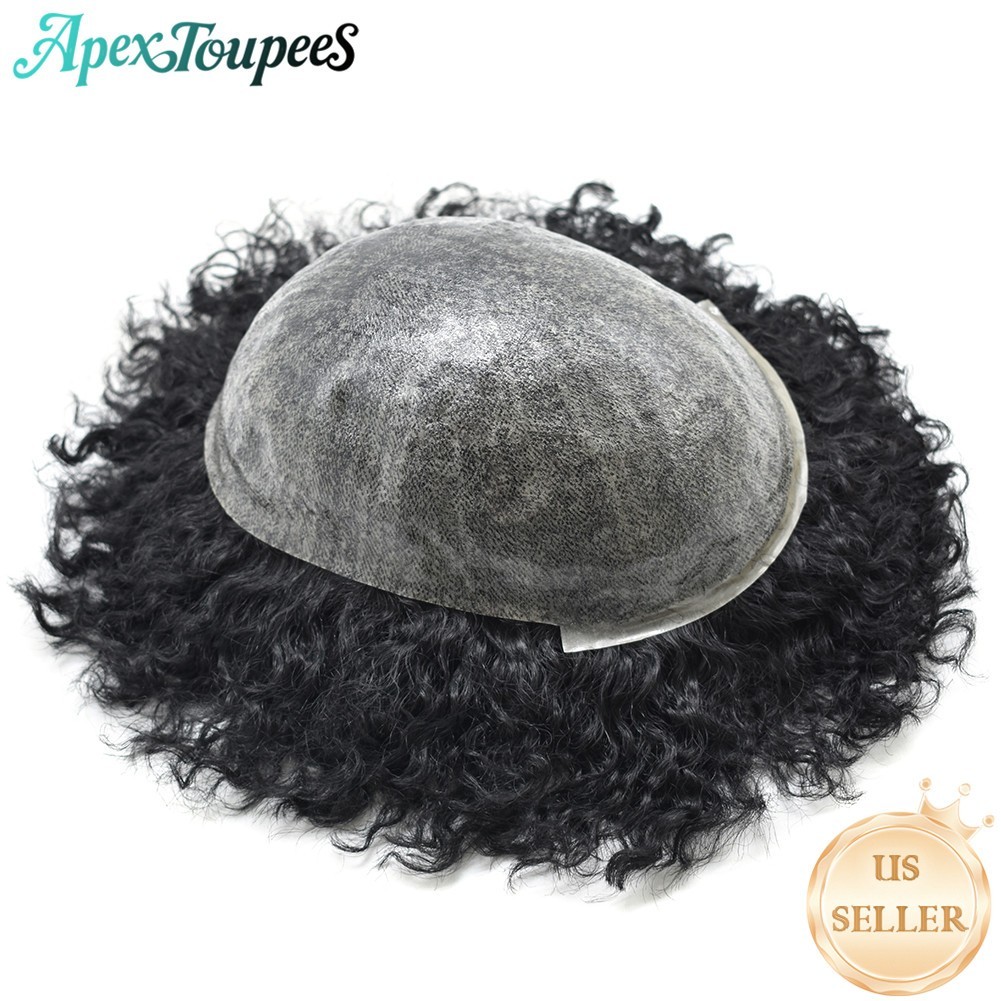 Afro Curly Black Men Toupee Hairpiece Full Poly Kinky Curly Human Hair PU system