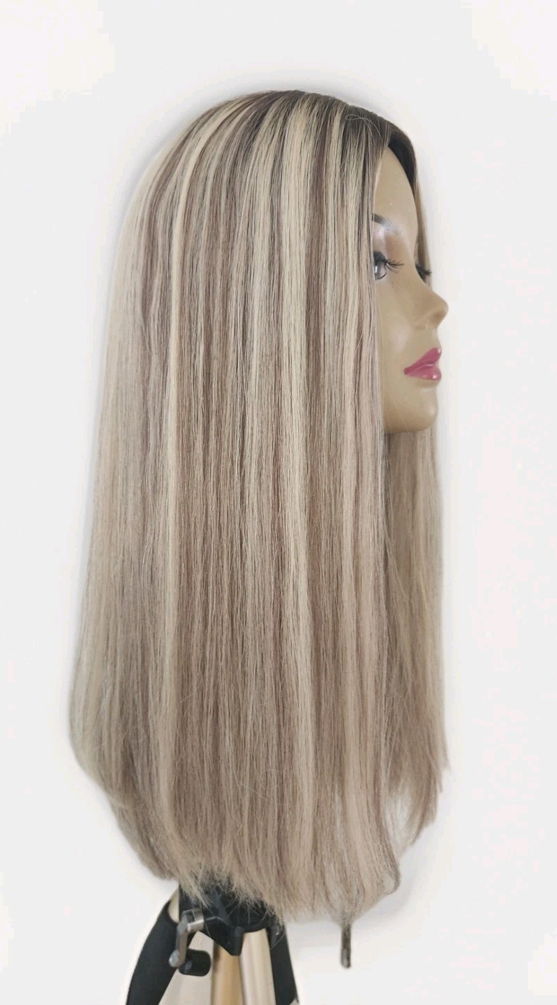 100% HUMAN HAIR 22” ASH BLONDE DIMENSIONS TOPPER SILKTOP 8”X8” FREE PARTING