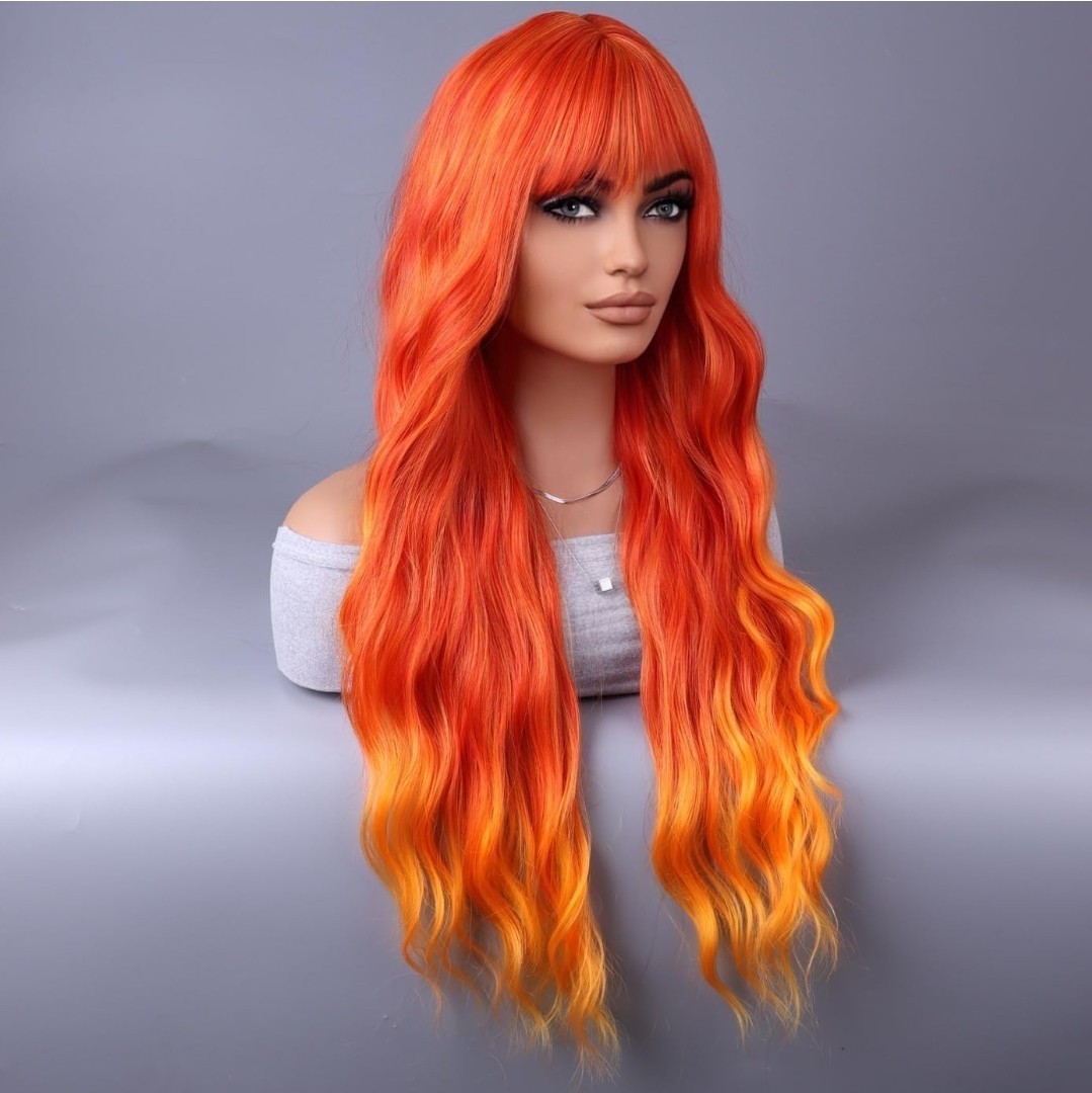 Long Wavy Wig Orange Ginger Yellow Balayage Wig Bangs Halloween long 28 Inch