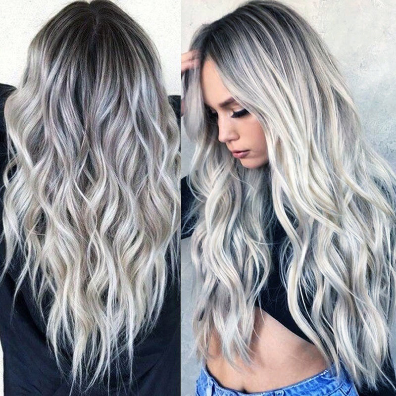 Long Curly Wave Black Grey Ombre Synthetic Wigs Heat Resistant Fashion Party