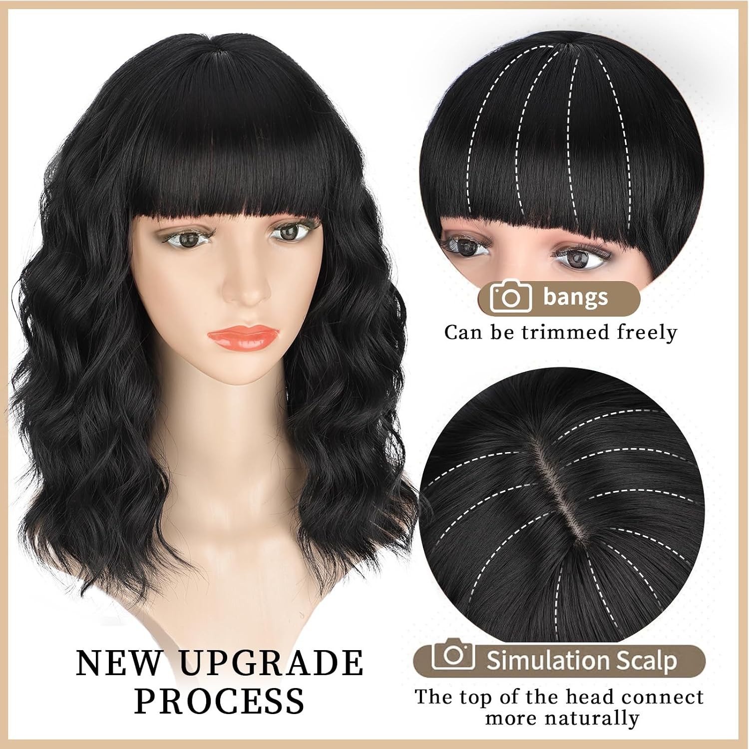 14inch Short Wavy Curly Bob Wig with Bangs Synthetic Hair for Women Black Brown