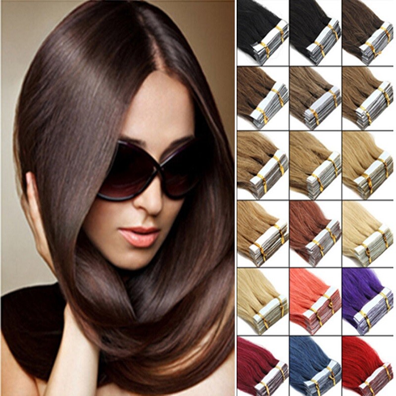 Invisible Tape in Remy Human Hair Extensions Skin Weft Full Head Russian Hair US