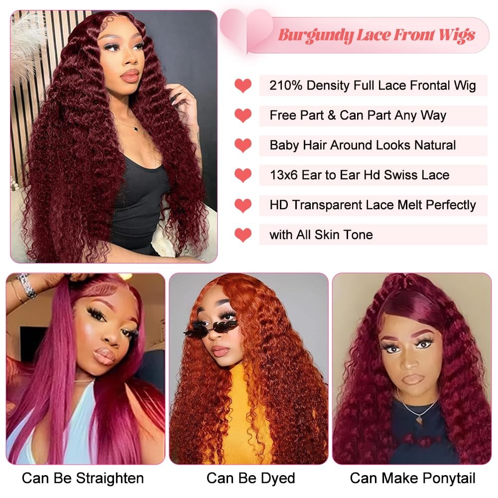 ALSZIQIHR Burgundy Water Wave 13×4 HD Lace Front Wigs Human Hair 26 Inch