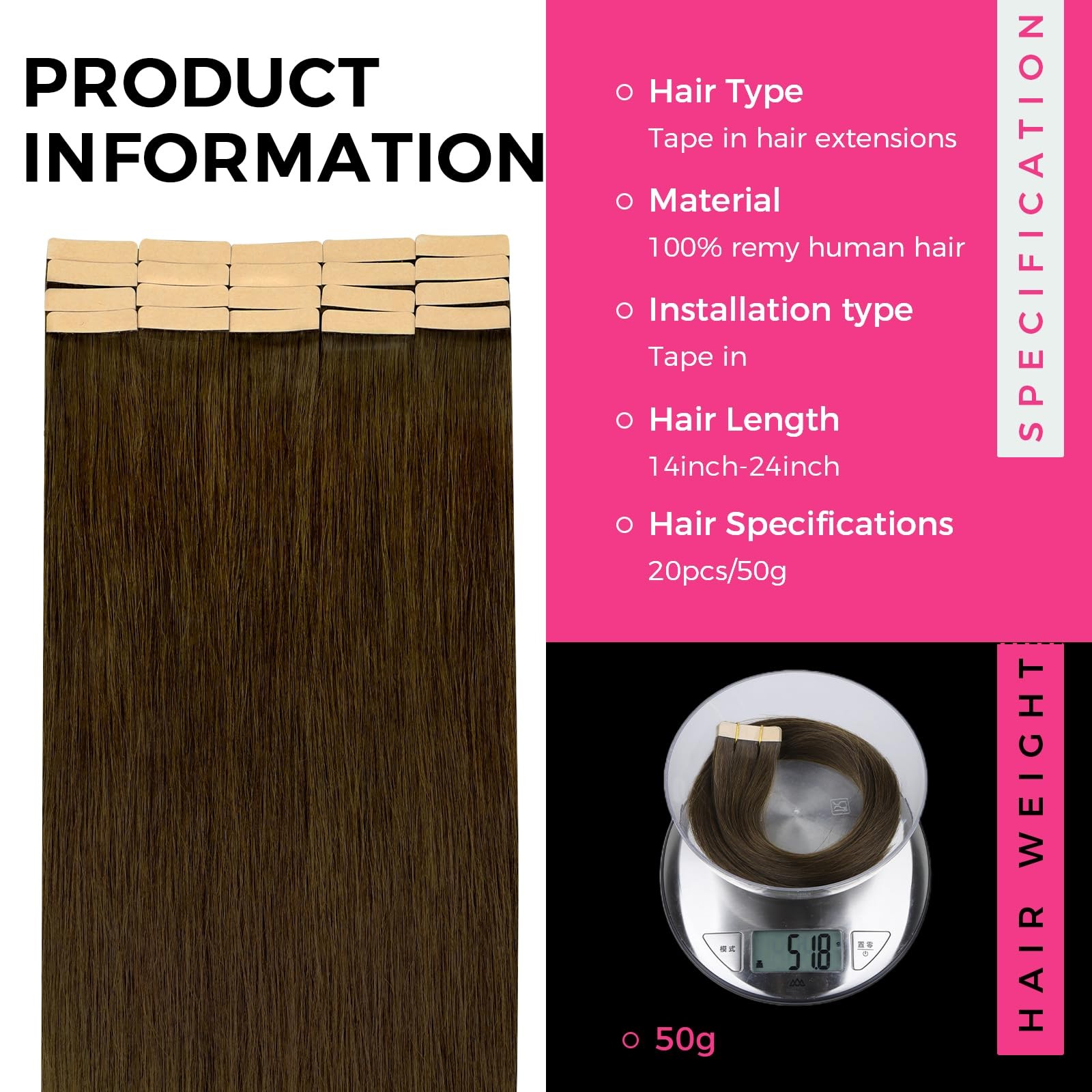 Lashey Tape In Hair Extensions Human Hair 50G 20Pcs 20 Inch Chocolate Brown