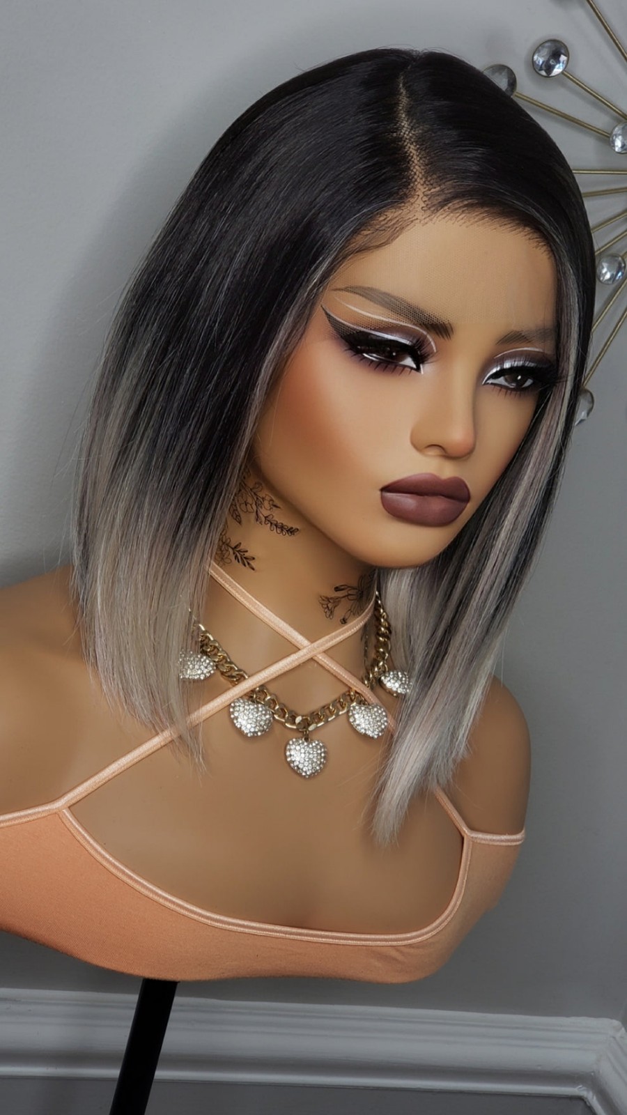 New Black Rose Gold Short Bob Wrap Style Lace Front Wig Womens Fashion Hair Wigs