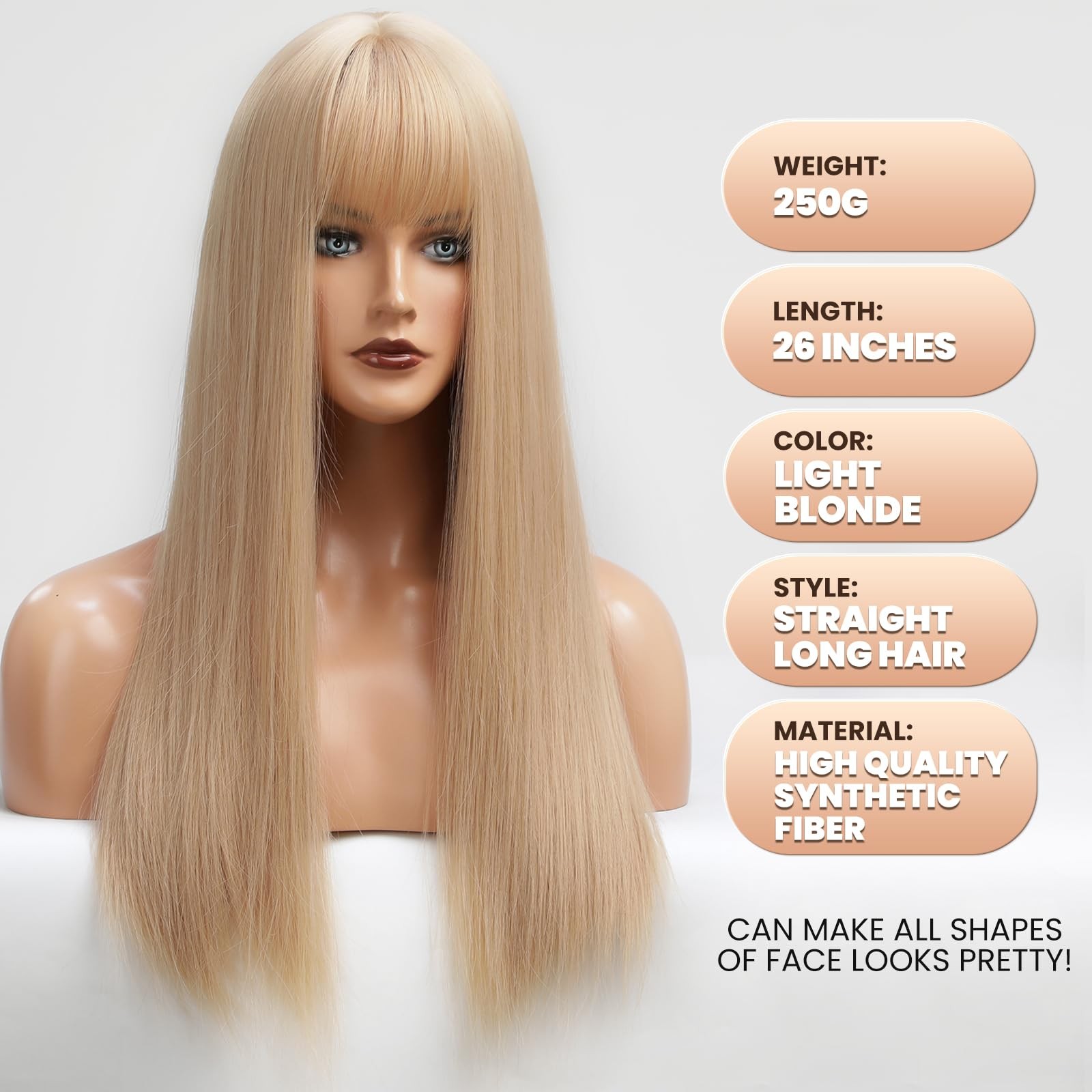 Light Blonde Wig With Bangs For Women Long Straight Wigs wig Synthetic For Gi…